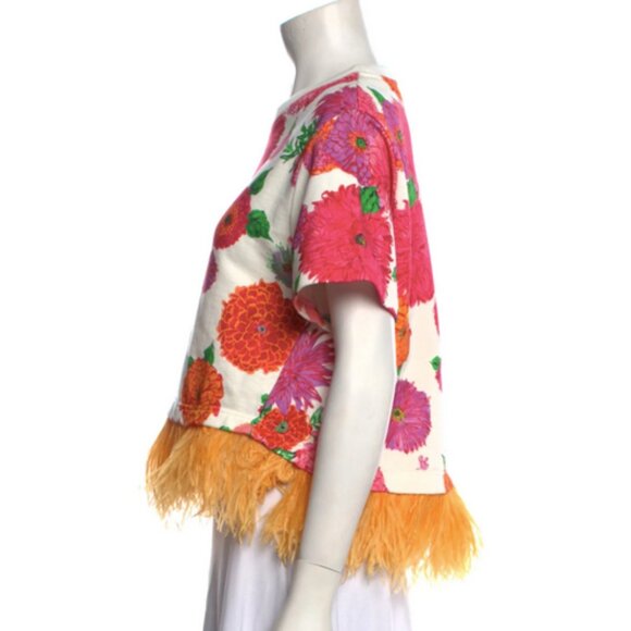 La DoubleJ La Scala Tee Floral Cotton Feather Trim Blouse Crew Neck Size Small - Picture 6 of 7